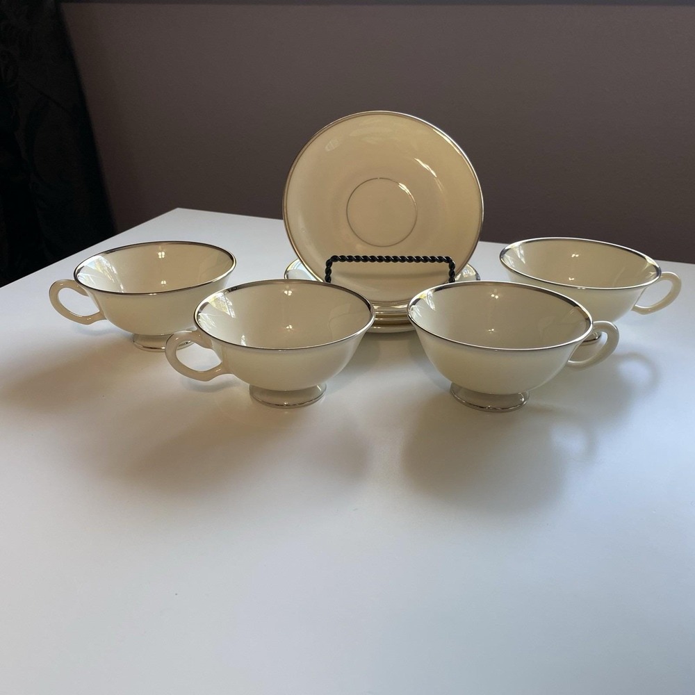Lenox - Montclair - Footed Cups & Saucers - 4 - Ivory w/ Platinum - B501